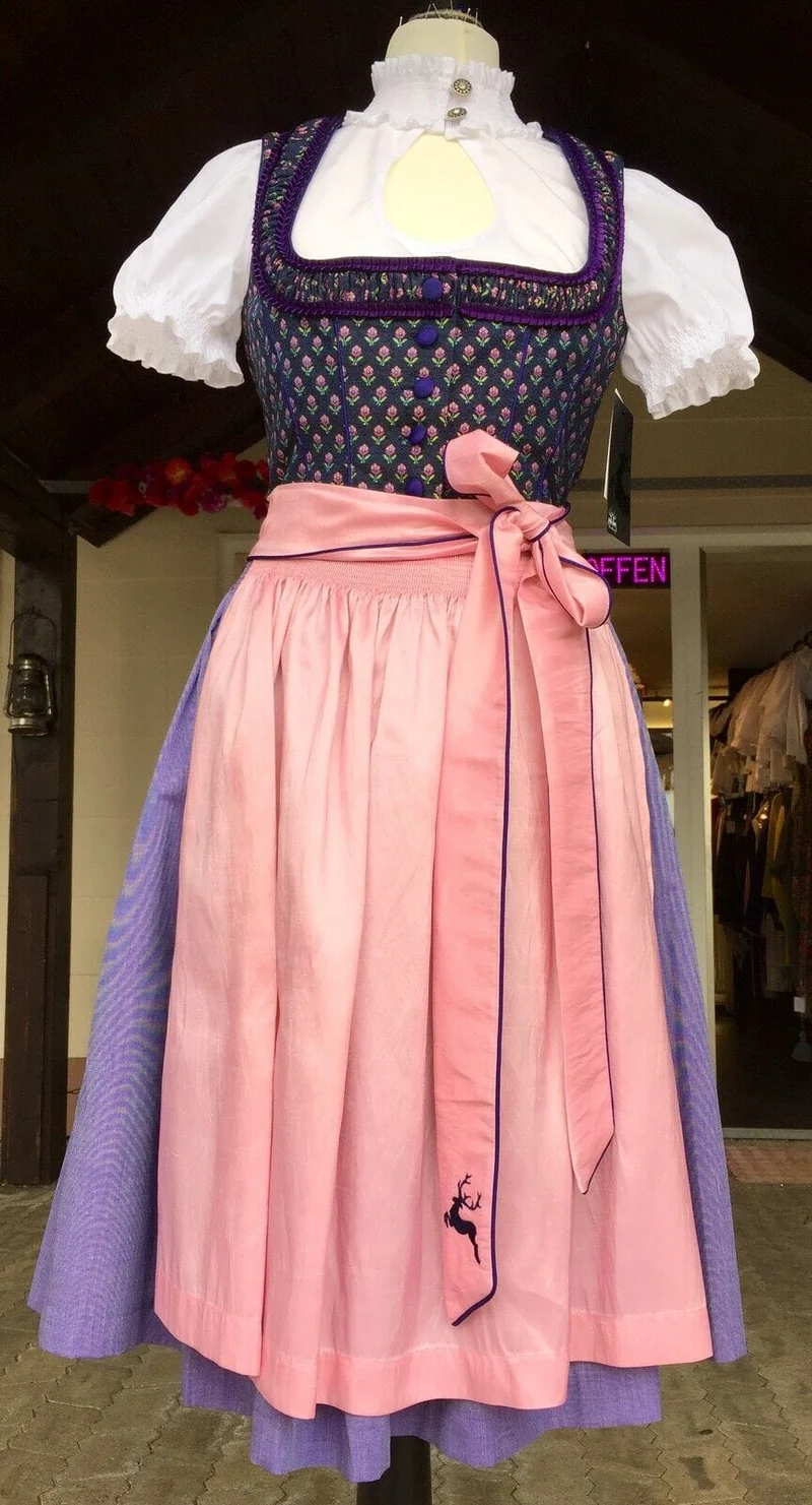 Dirndl Wiesnkönig, Thilda, blau, lila, rosa, Midi 60 cm