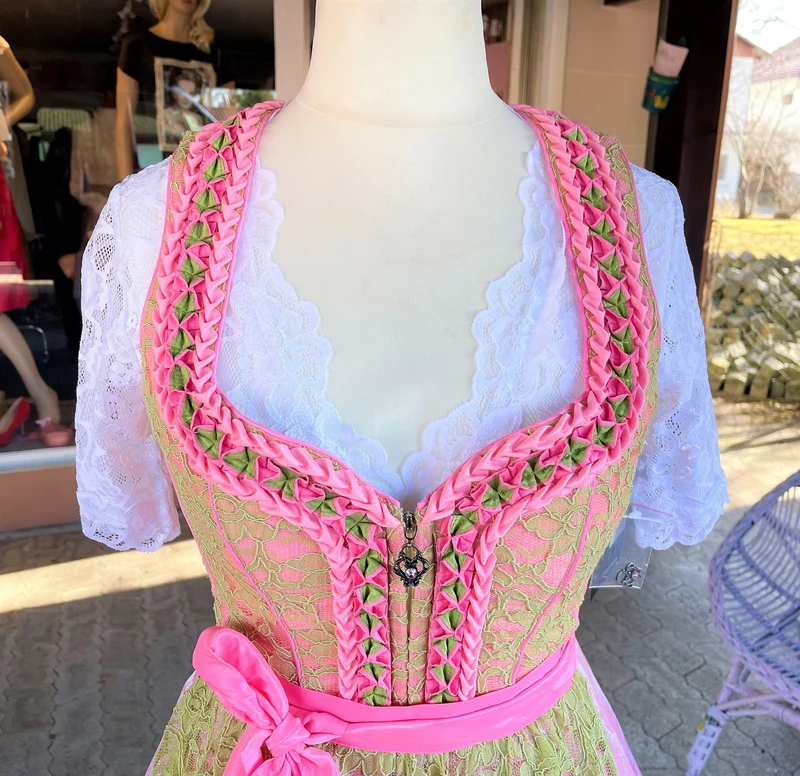 Dirndl Wiesnkönig, Carolina, pink, grün, Spitze Midi 60 cm, Gr. 40