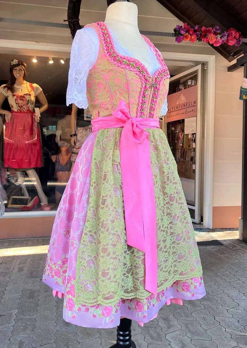 Dirndl Wiesnkönig, Carolina, pink, grün, Spitze Midi 60 cm, Gr. 40