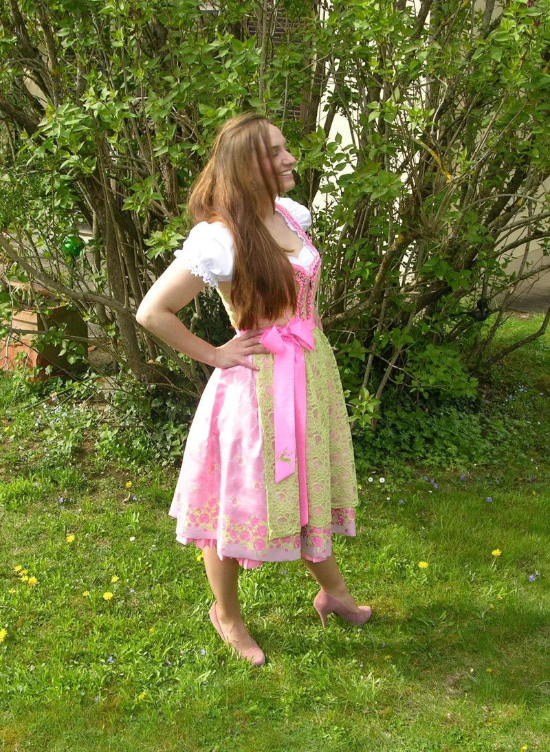 Dirndl Wiesnkönig, Carolina, pink, grün, Spitze Midi 60 cm, Gr. 40