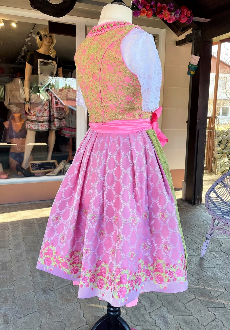 Dirndl Wiesnkönig, Carolina, pink, grün, Spitze Midi 60 cm, Gr. 40