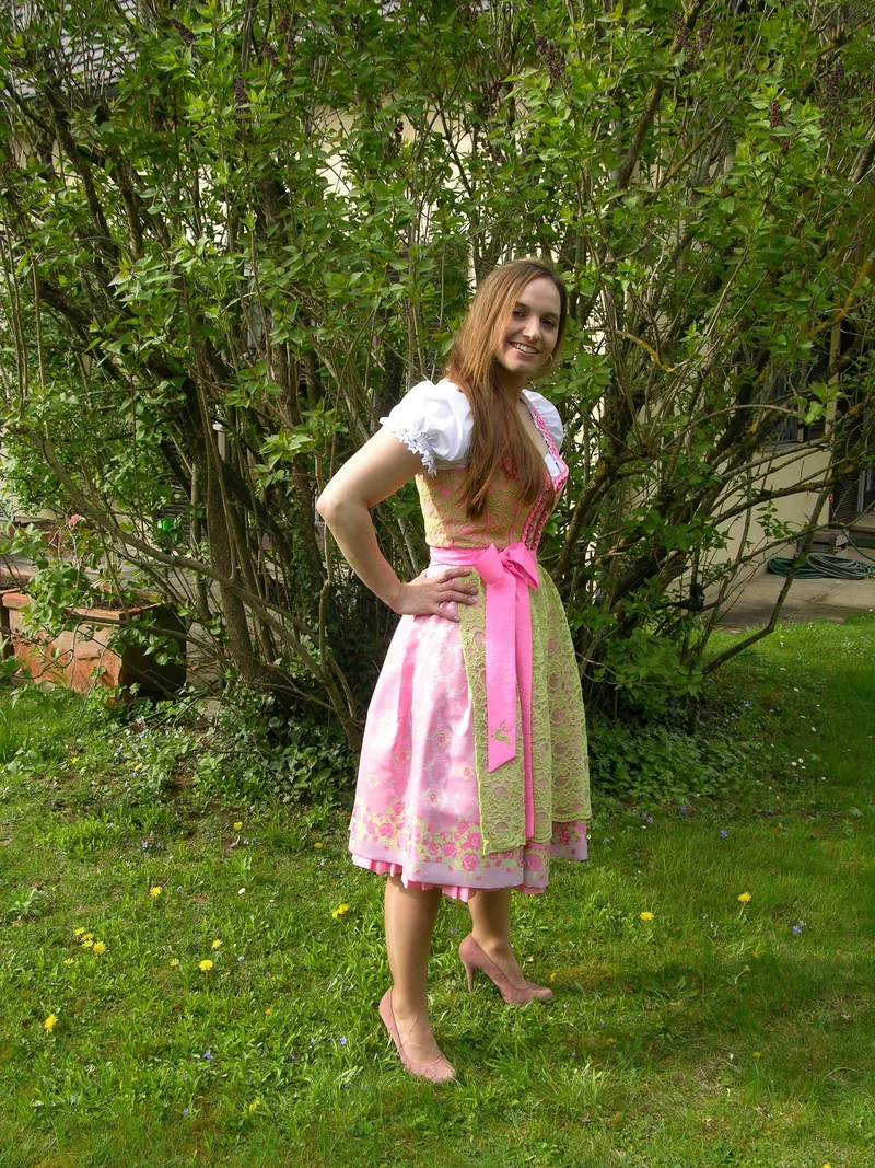 Dirndl Wiesnkönig, Carolina, pink, grün, Spitze Midi 60 cm, Gr. 40