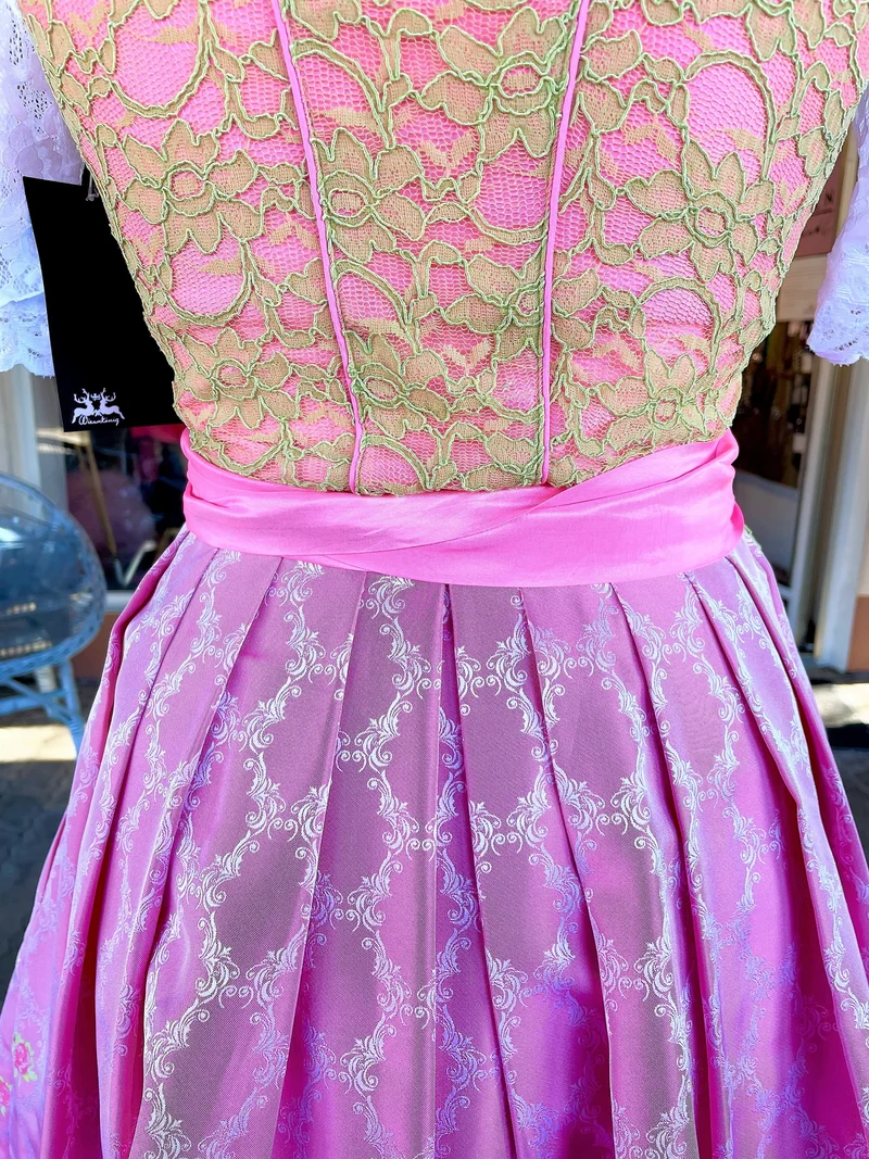 Dirndl Wiesnkönig, Carolina, pink, grün, Spitze Midi 60 cm, Gr. 40