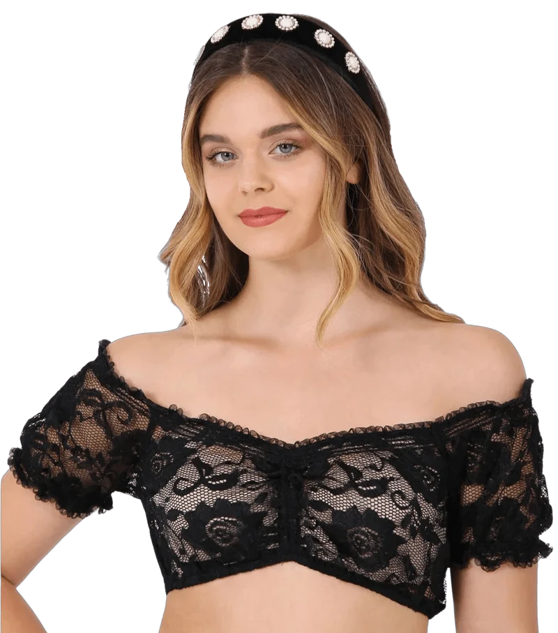 Dirndlbluse Krüger Madl, Carmen, schwarz, Zugband, Spitze, Gr. 32/34