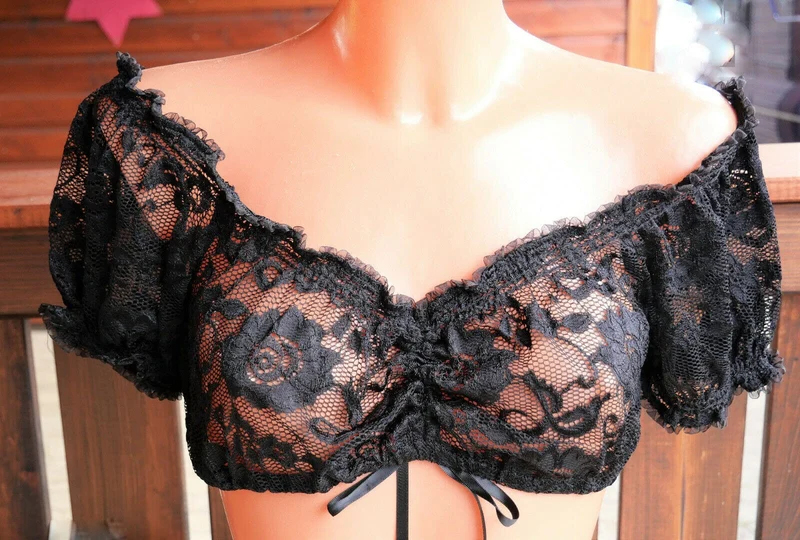 Dirndlbluse Krüger Madl, Carmen, schwarz, Zugband, Spitze, Gr. 32/34