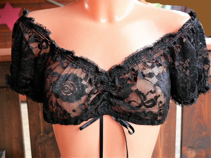 Dirndlbluse Krüger Madl, Carmen, schwarz, Zugband, Spitze, Gr. 32/34
