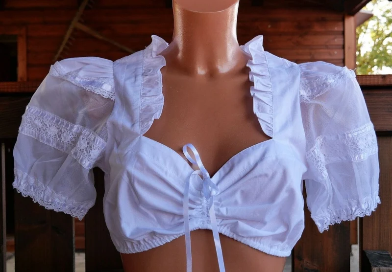 Dirndlbluse Krüger Madl, weiß, Zugband, transparente Ärmel Puffärmel, Gr. 32
