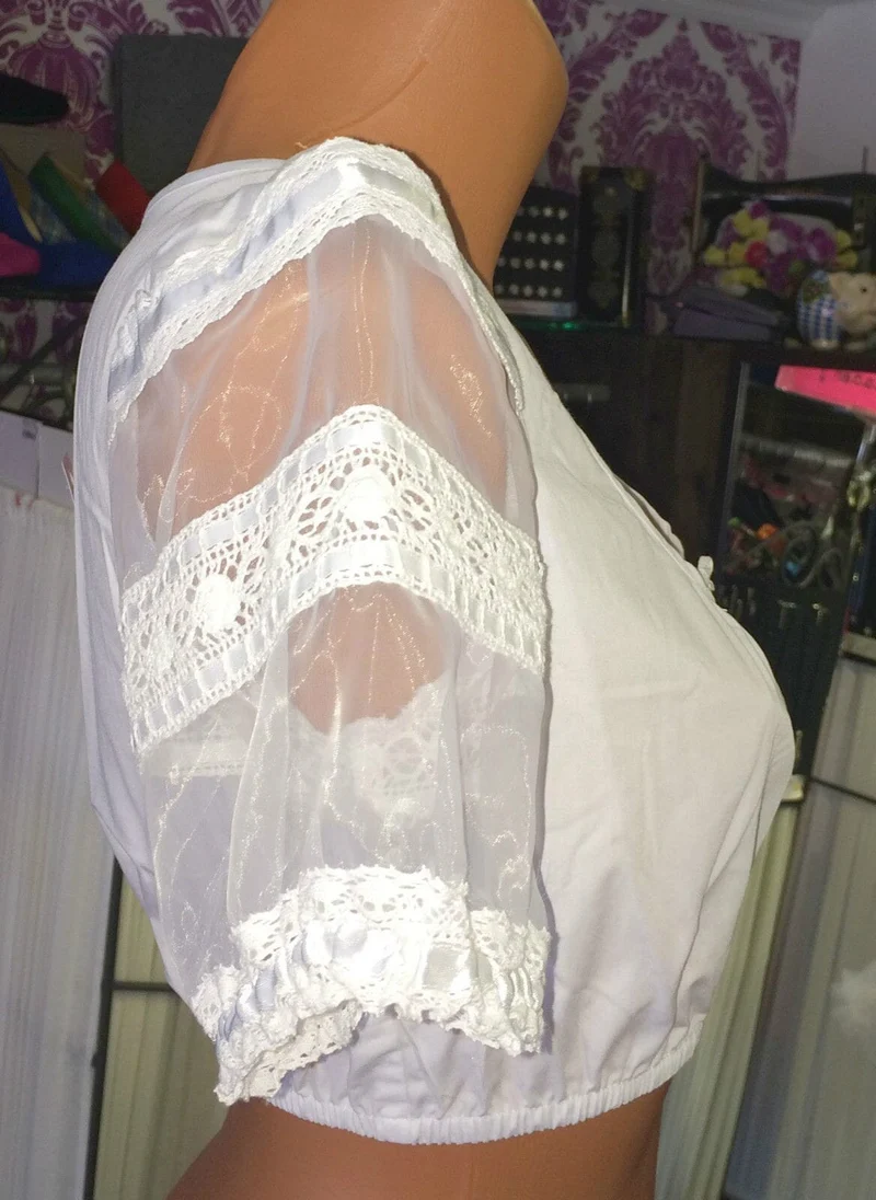 Dirndlbluse Krüger Madl, weiß, Knöpfe, transparente Puffärmel, Gr. 32