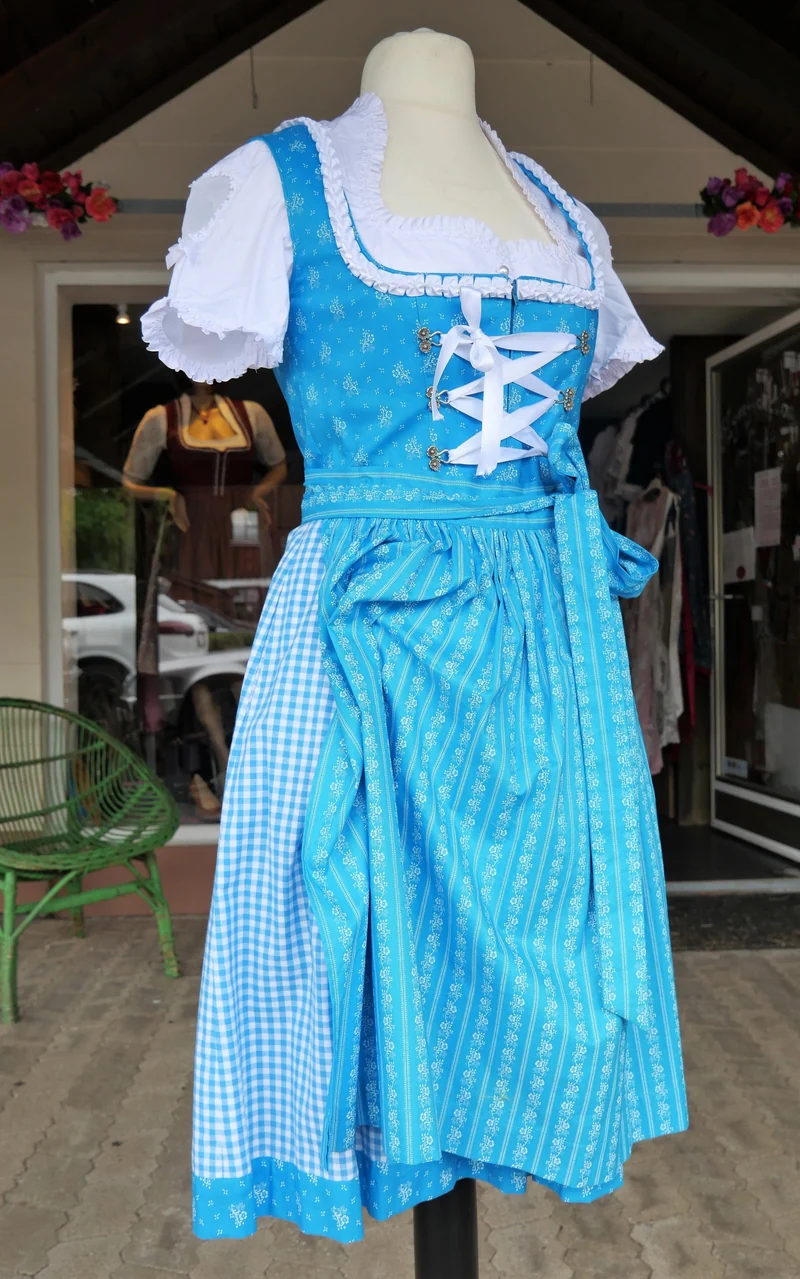 Dirndl Rose, weiß, blau, Midi 60 cm, Gr. 38