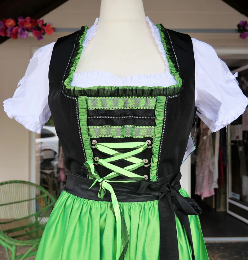 Dirndl Rose, schwarz, neon grün, Midi 70 cm