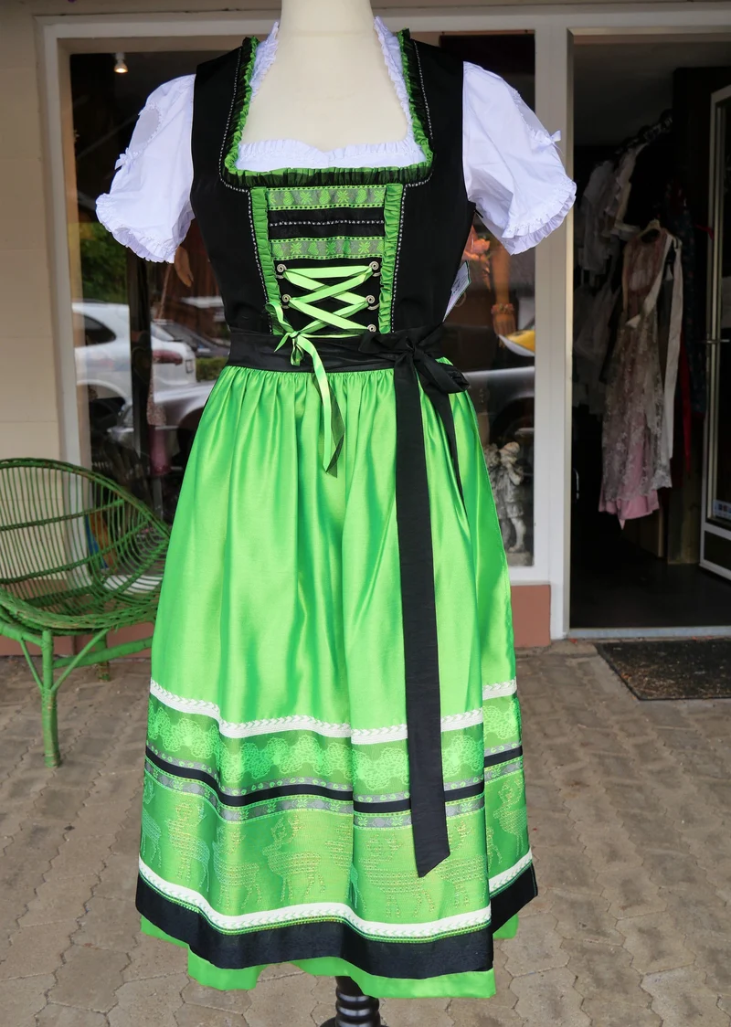 Dirndl Rose, schwarz, neon grün, Midi 70 cm
