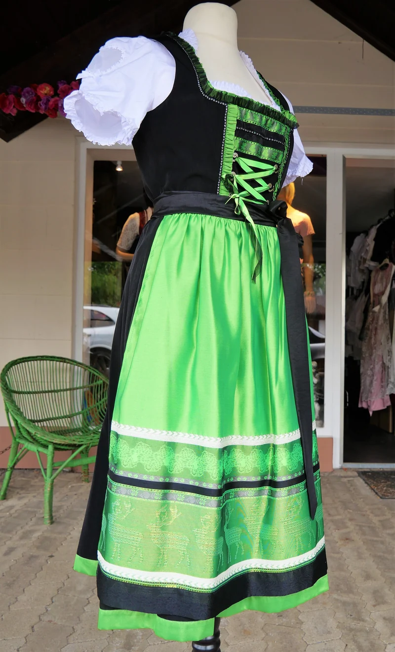 Dirndl Rose, schwarz, neon grün, Midi 70 cm