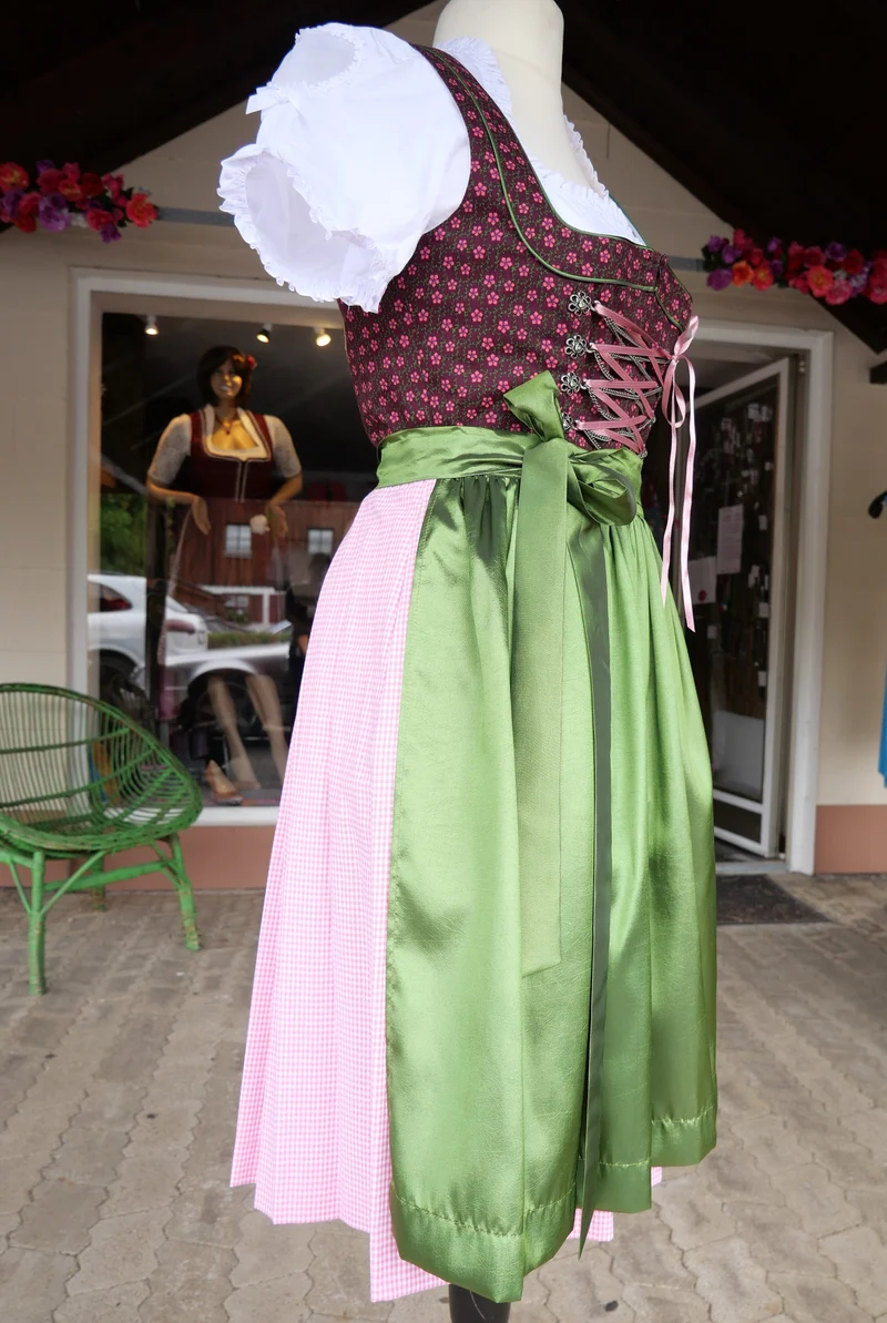 Dirndl Rose, Baumwolle, braun, grün, Midi 60 cm