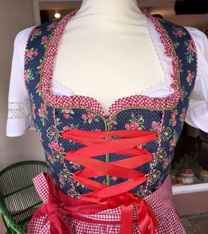 Dirndl Fuchs Trachten, rot, blau, kariert, Midi 60 cm