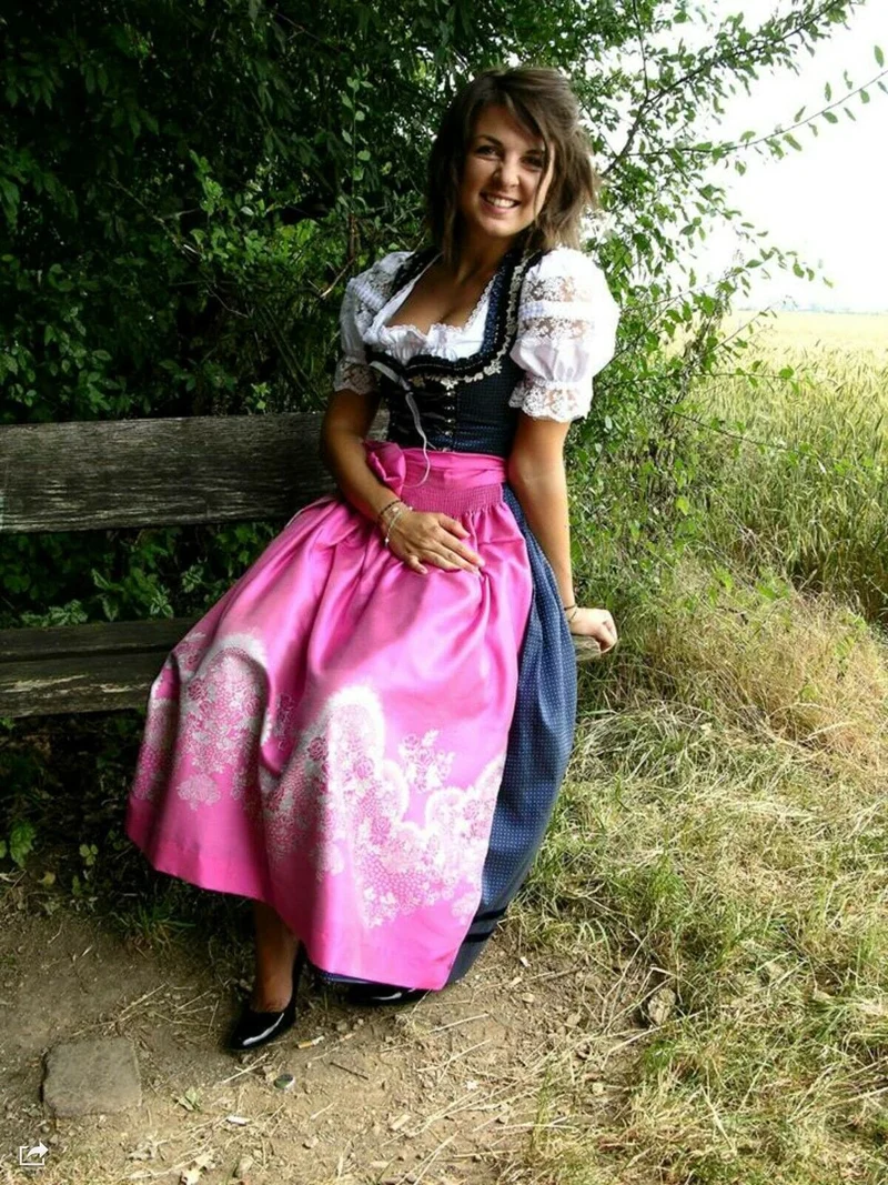 Dirndl Krüger Manufaktur, Maxi 85 cm, blau, pink, Gr. 34