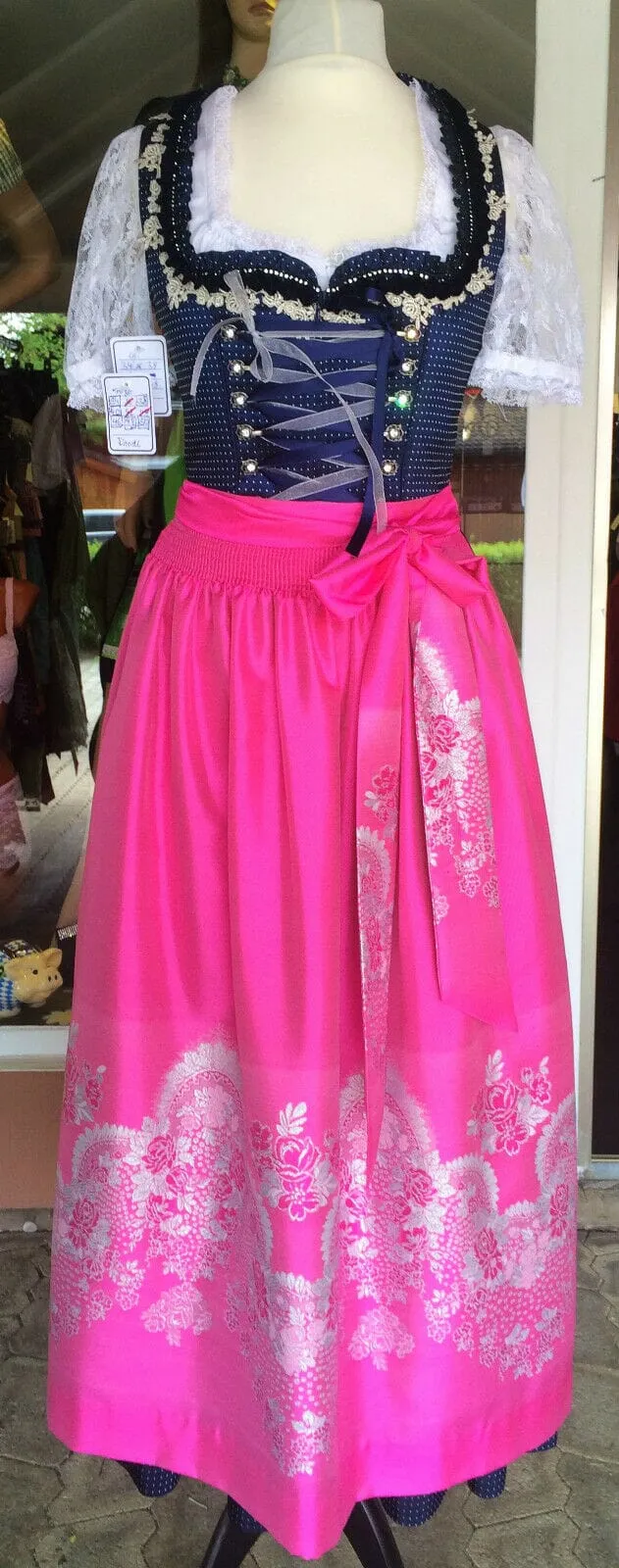 Dirndl Krüger Manufaktur, Maxi 85 cm, blau, pink, Gr. 34