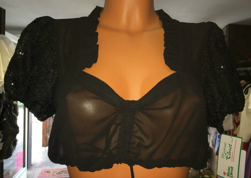 Dirndlbluse Rose Blusen, schwarz, Pailletten, Zugband, Gr. 34