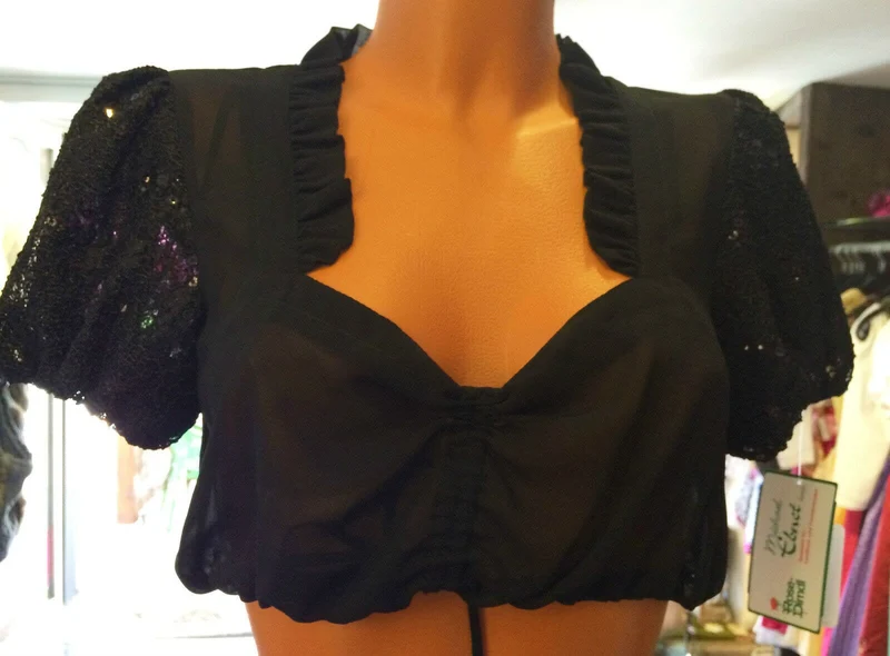 Dirndlbluse Rose Blusen, schwarz, Pailletten, Zugband, Gr. 34
