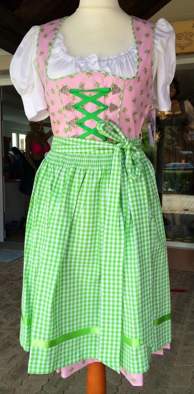 Dirndl Fuchs Trachten, Waschdirndl, grün, rosa, Midi 60 cm