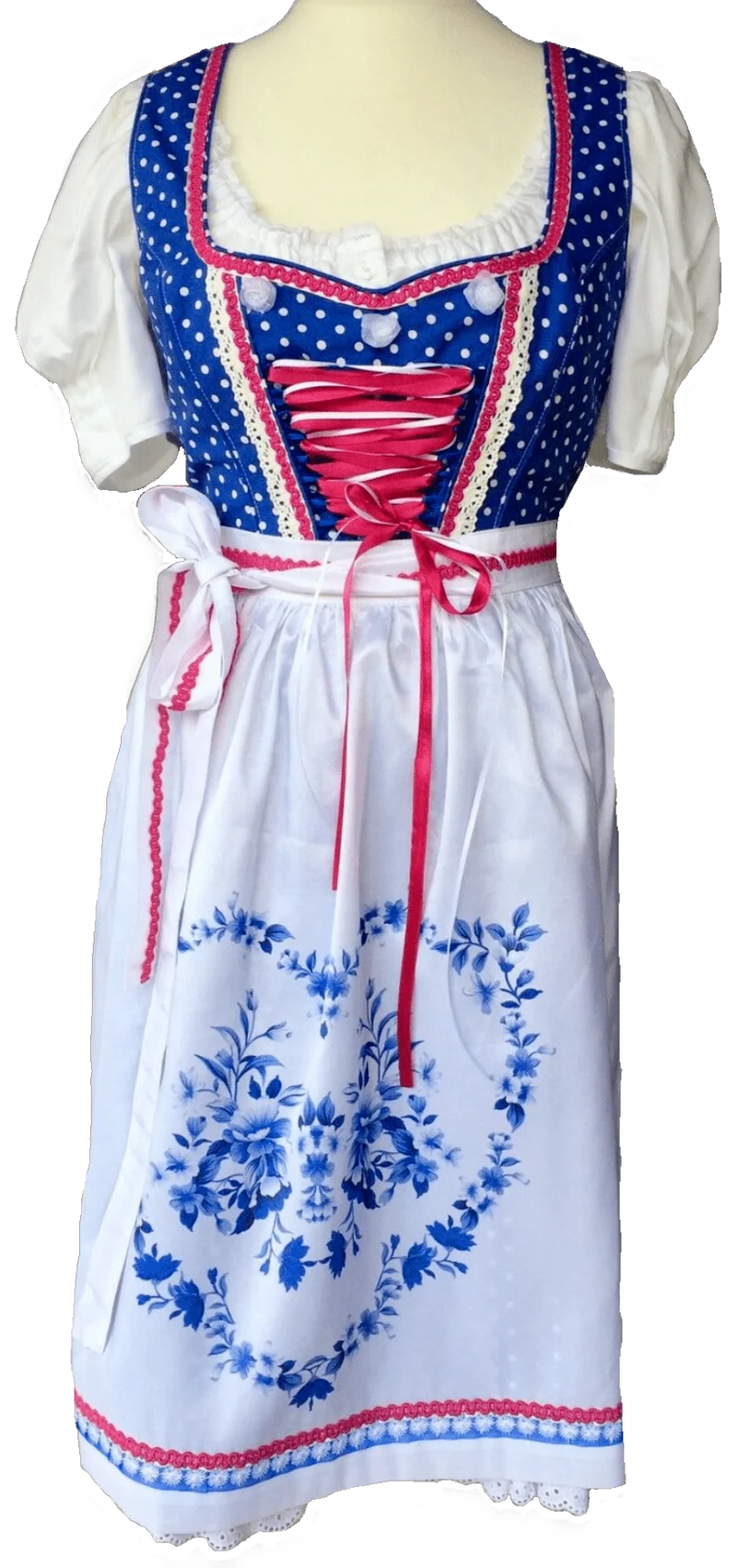 Dirndl Fuchs Trachten, Druckschürze, Blau, Midi 60 cm