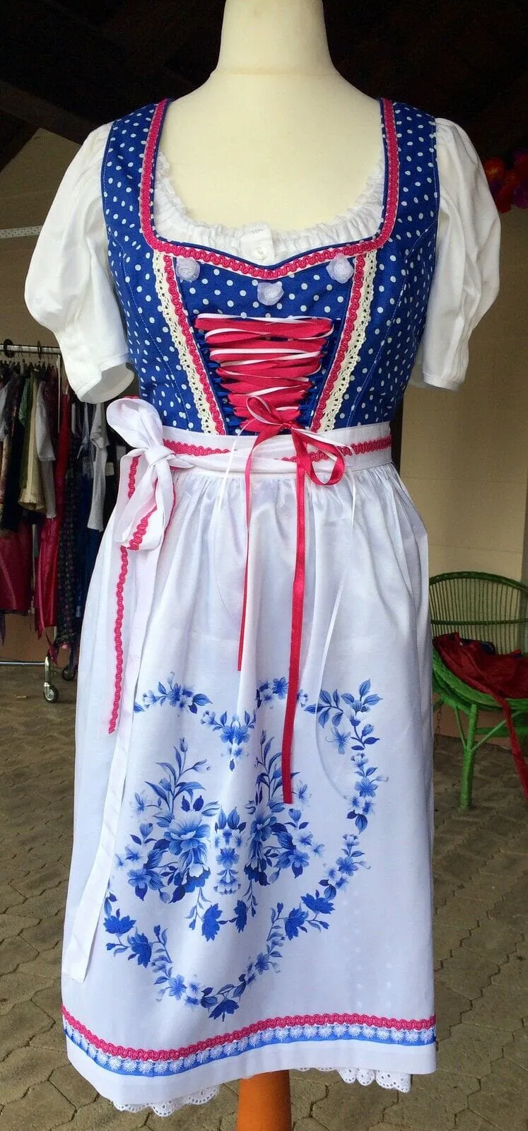 Dirndl Fuchs Trachten, Druckschürze, Blau, Midi 60 cm