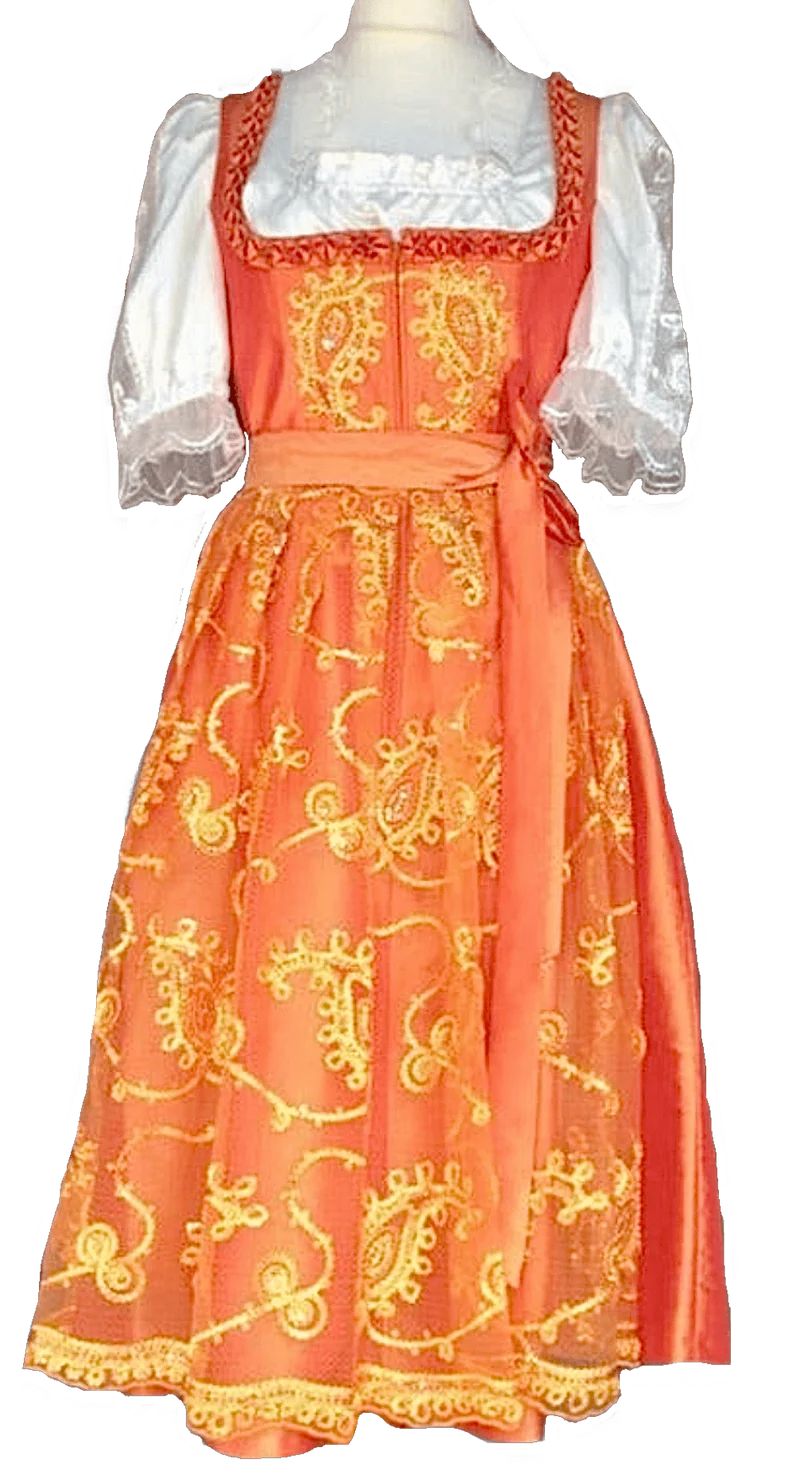 Dirndl Rose, Orange, Perlen, Midi 70 cm Glitzer