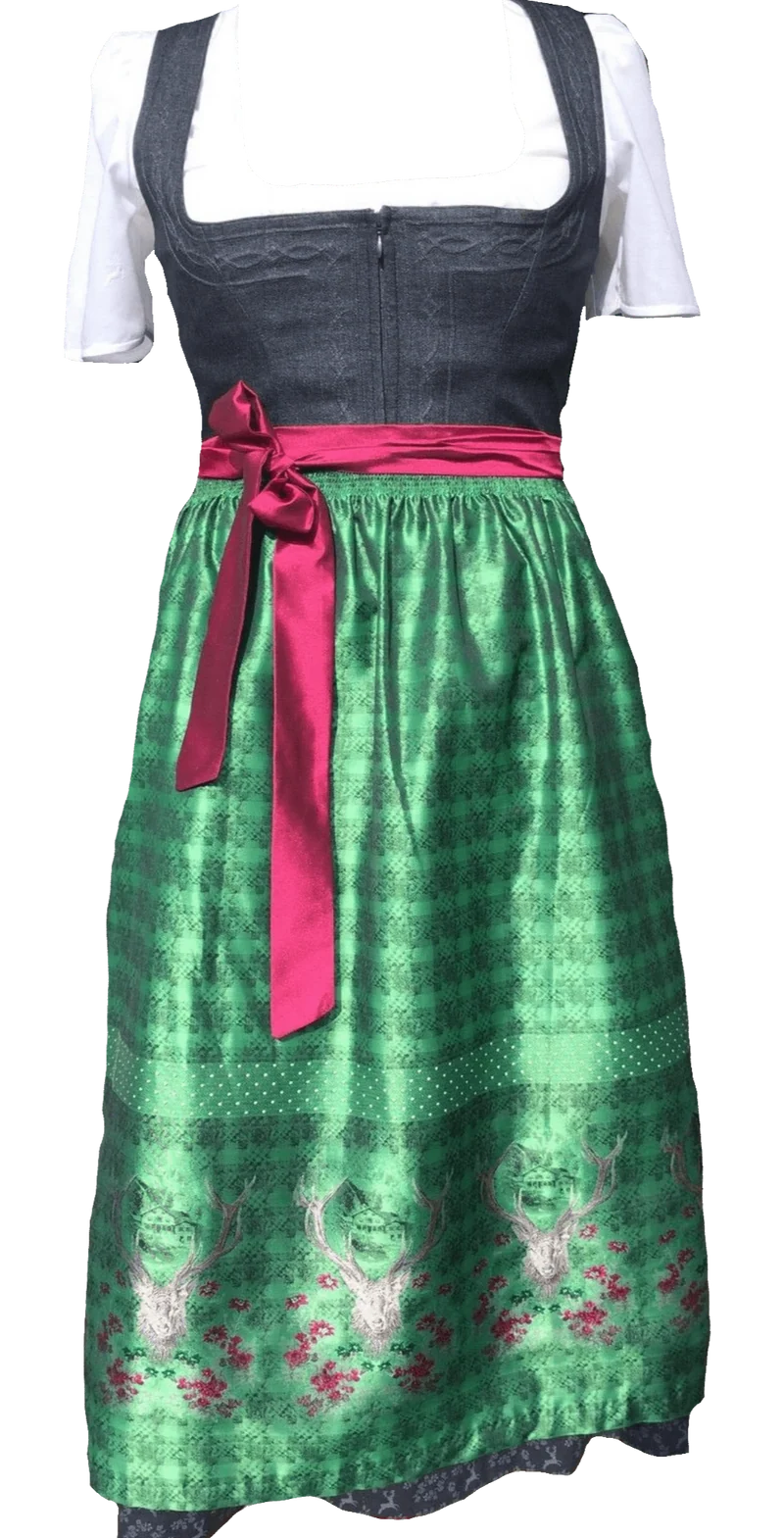Dirndl Wenger, grau, grün, Hirsch, Maxi 80 cm