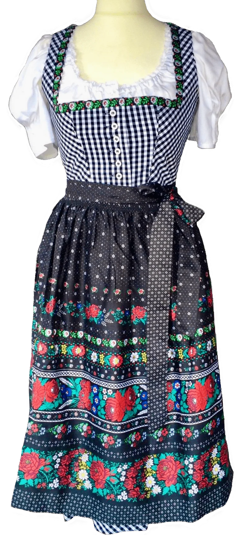 Dirndl Wenger, kariert, schwarz/weiß, Midi 70 cm
