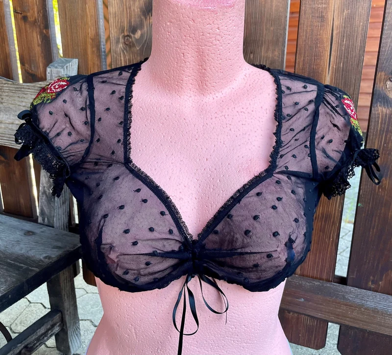 Dirndlbluse Sportalm, Mabel, schwarz, kurzarm, Zugband, Stickerei, Gr 42