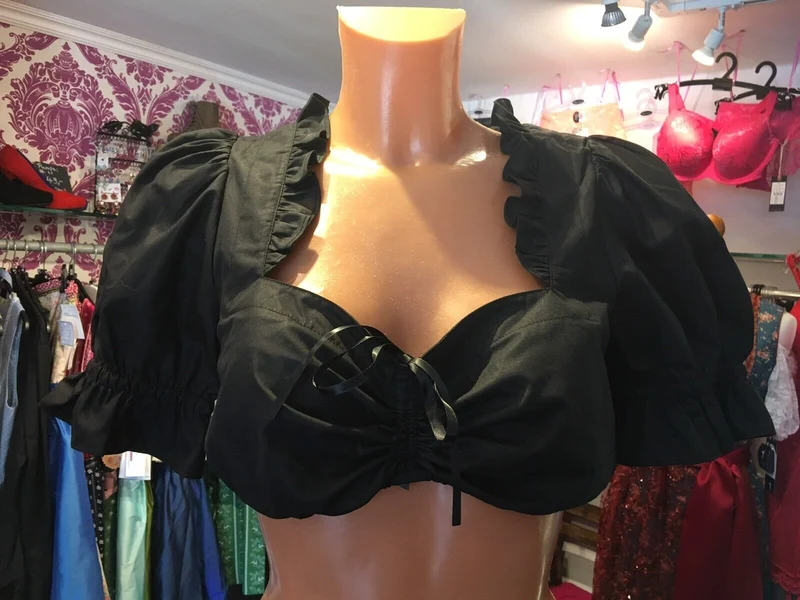 Dirndlbluse Krüger Madl, schwarz, schimmernd, Zugband, Puffärmel
