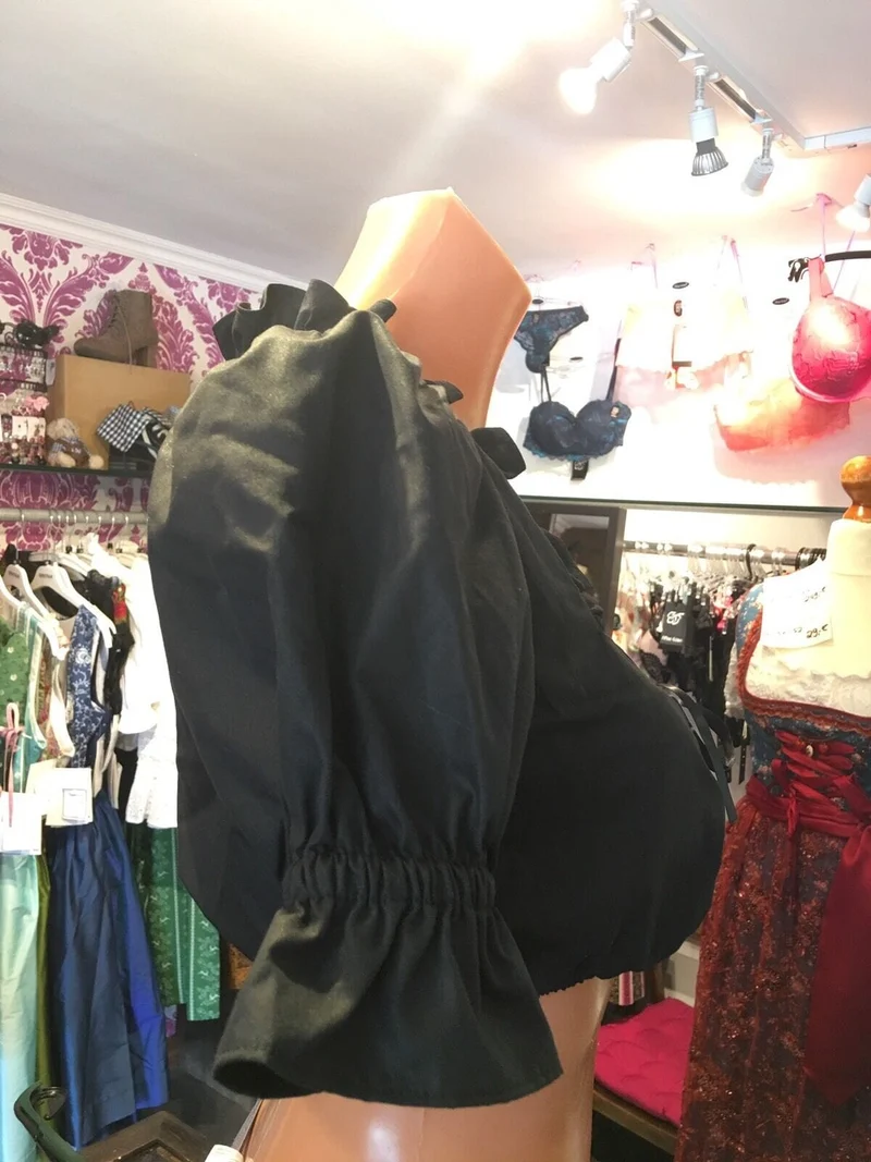 Dirndlbluse Krüger Madl, schwarz, schimmernd, Zugband, Puffärmel