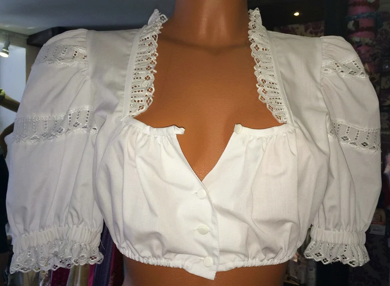 Dirndlbluse Rose, halbarm, weiß, Lochmuster, Puffärmel Gr. 34