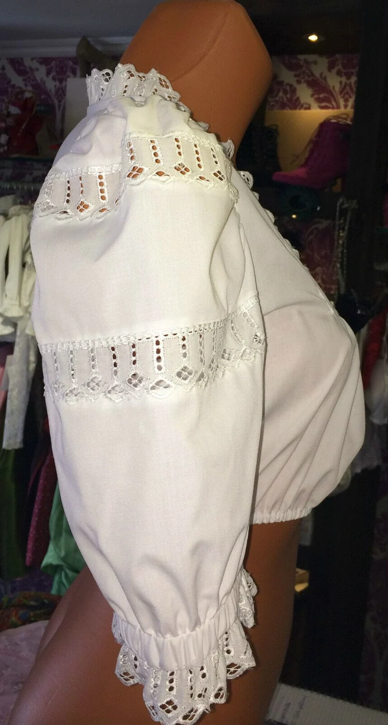 Dirndlbluse Rose, halbarm, weiß, Lochmuster, Puffärmel Gr. 34