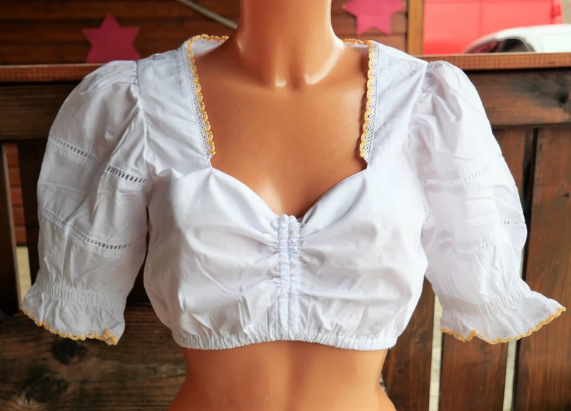 Dirndlbluse Fuchs, weiß, Zugband, halbarm, gelb, Lochmuster, Gr. S