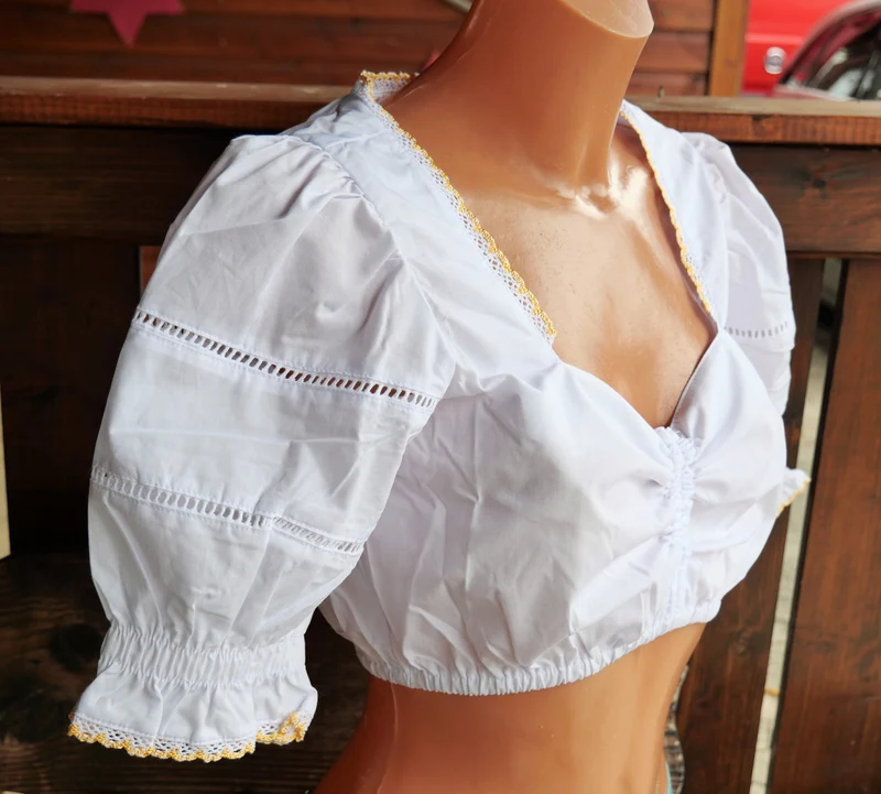 Dirndlbluse Fuchs, weiß, Zugband, halbarm, gelb, Lochmuster, Gr. S
