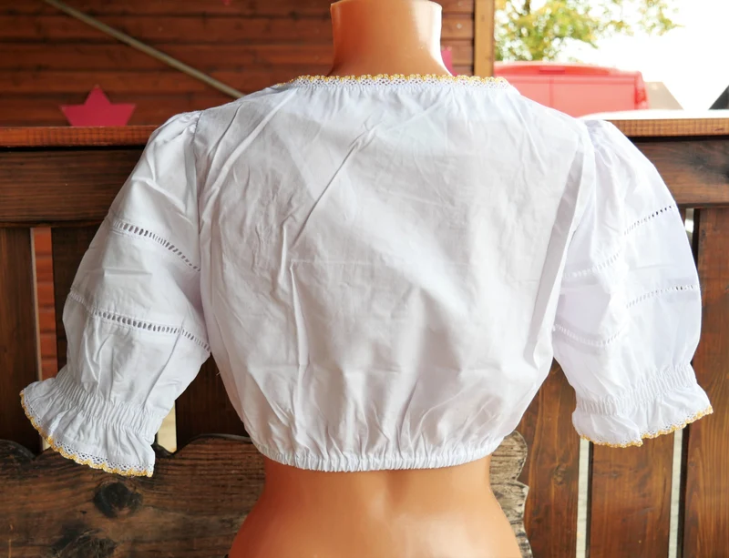 Dirndlbluse Fuchs, weiß, Zugband, halbarm, gelb, Lochmuster, Gr. S