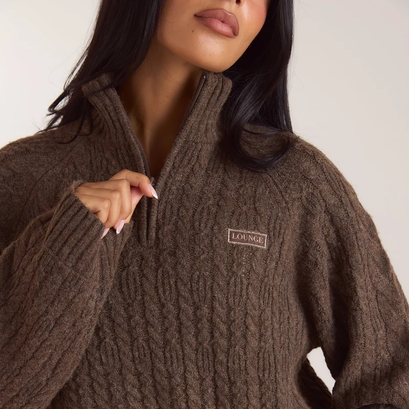 Strickpullover mit Viertelreißverschluss - Taupe