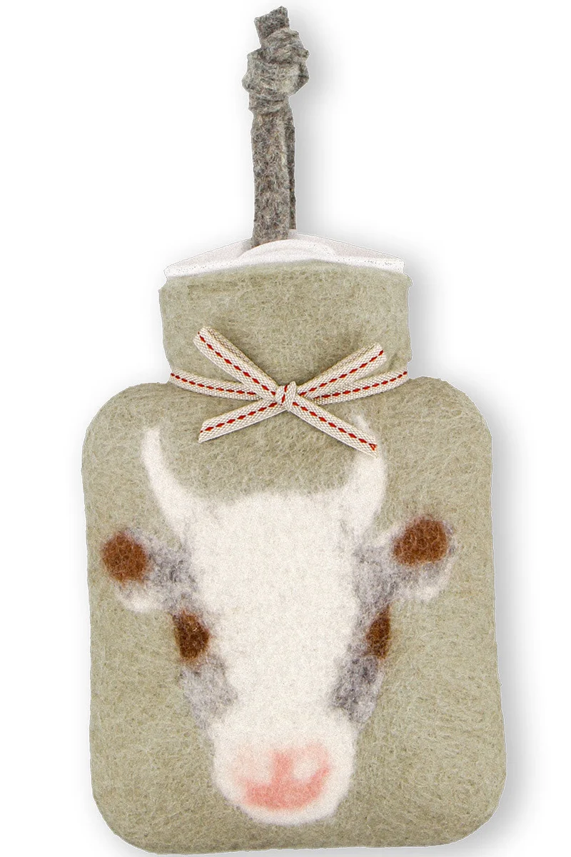 Mini-Wärmflasche aus Merinowolle mit Kuhmotiv - jade