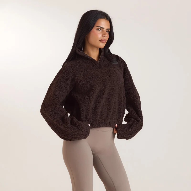 Borg-Fleecejacke mit Stehkragen - Dunkle Schokolade