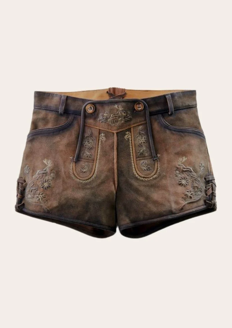 Dunkelbraune Damen Lederhose kurz fürs Fest