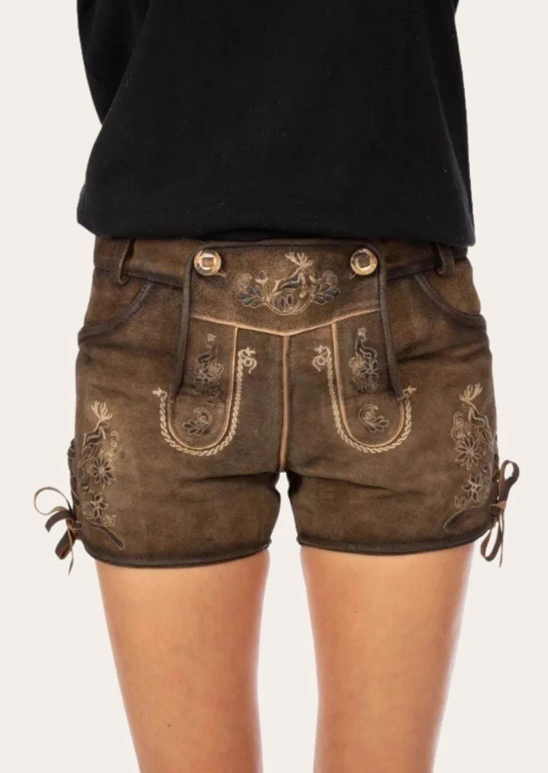 Dunkelbraune Damen Lederhose kurz fürs Fest