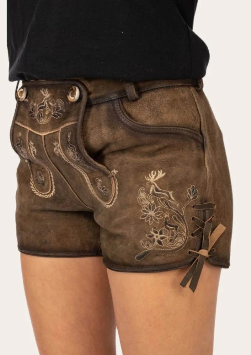 Dunkelbraune Damen Lederhose kurz fürs Fest