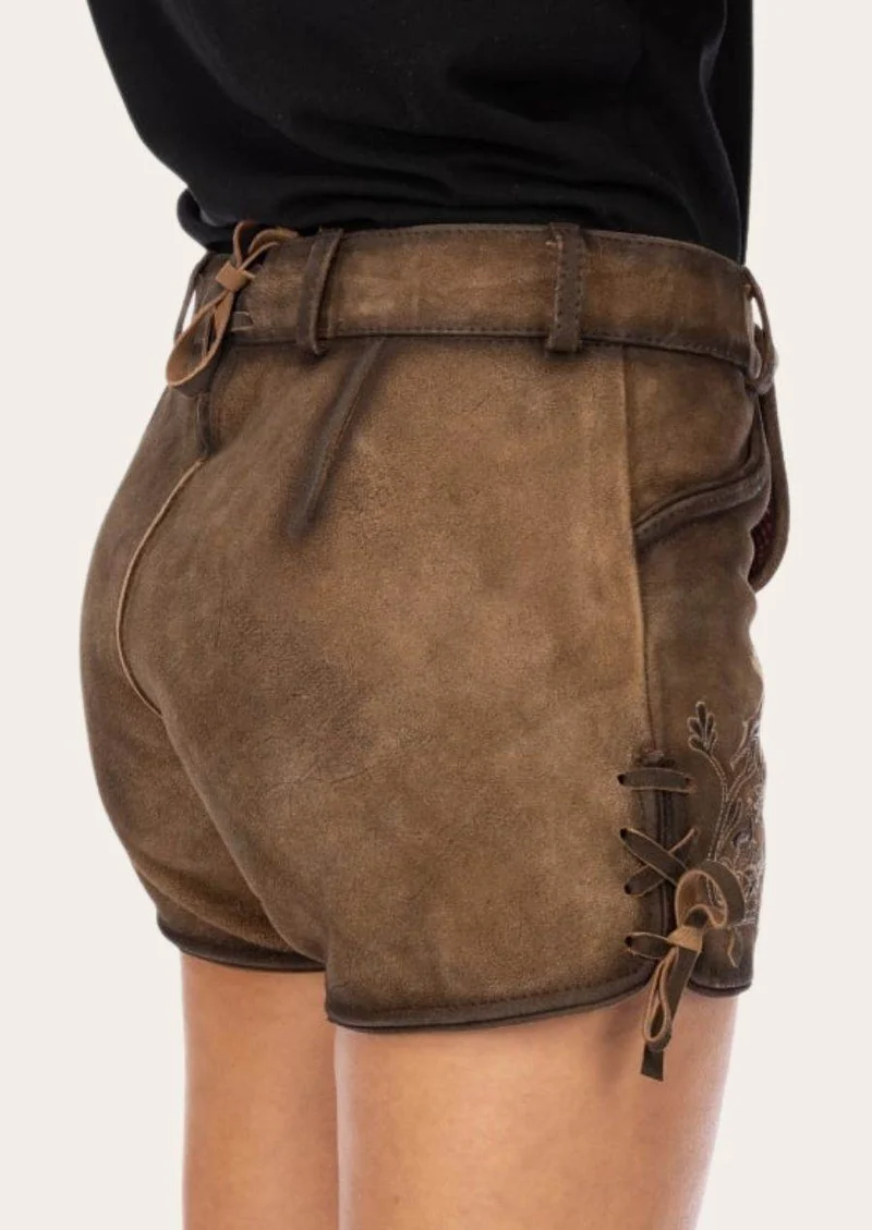 Dunkelbraune Damen Lederhose kurz fürs Fest