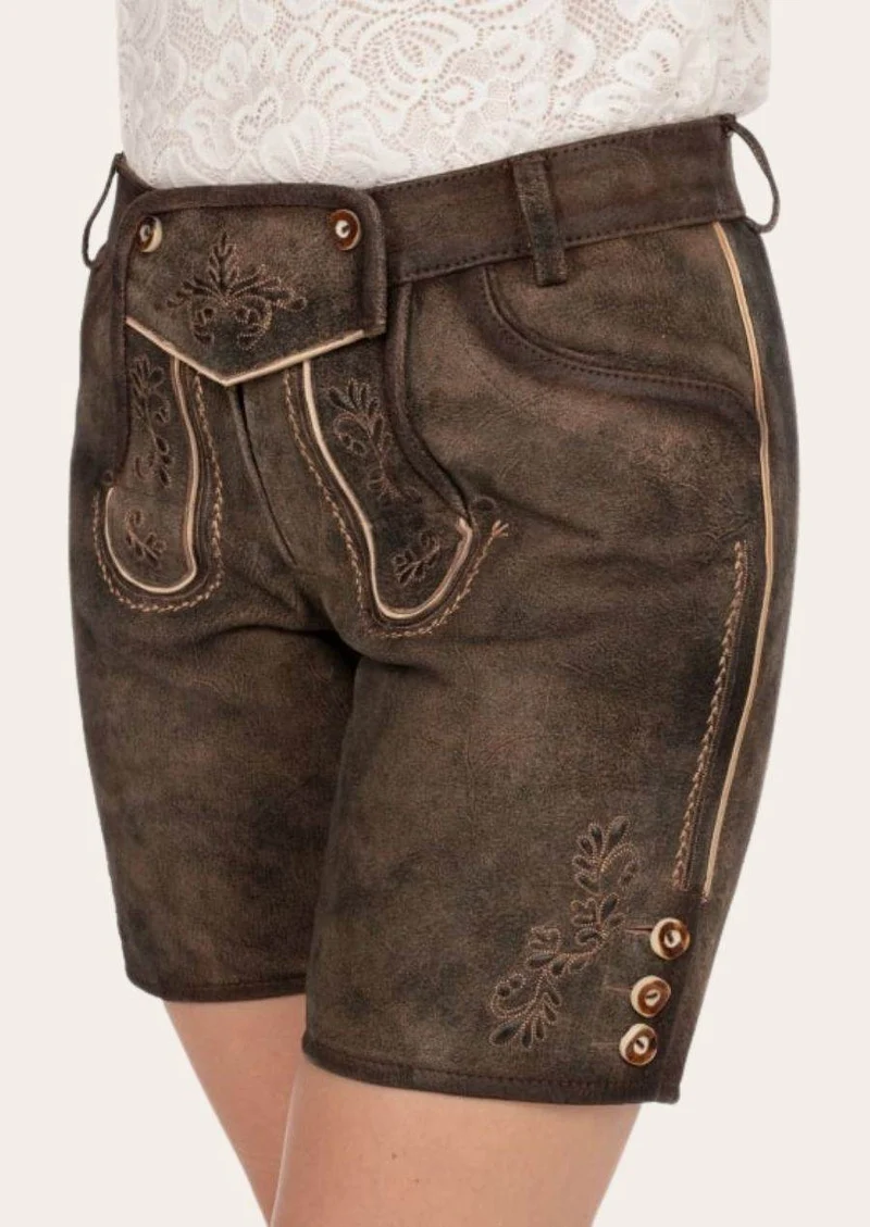 Damen Trachtenlederhose kurz in Dunkelbraun