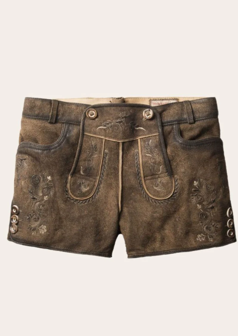 Kurze Damen Lederhose Dunkelbraun mit Hirschmotiv