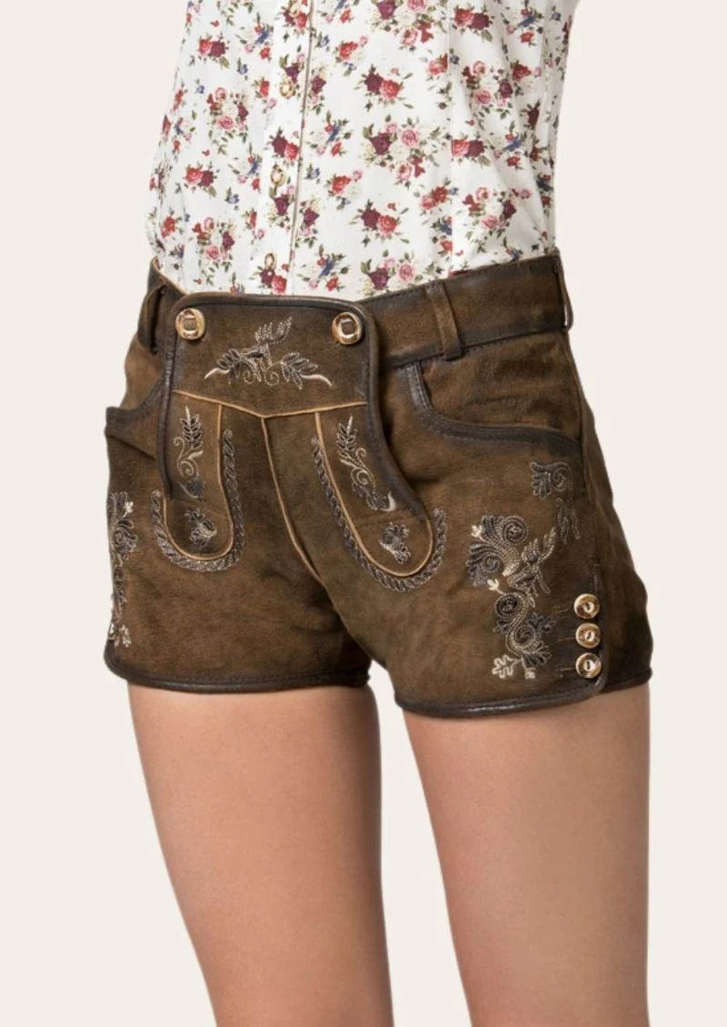 Kurze Damen Lederhose Dunkelbraun mit Hirschmotiv