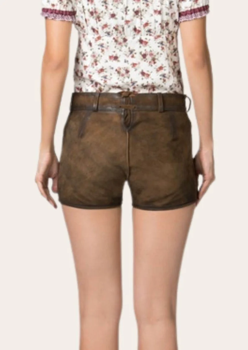 Kurze Damen Lederhose Dunkelbraun mit Hirschmotiv