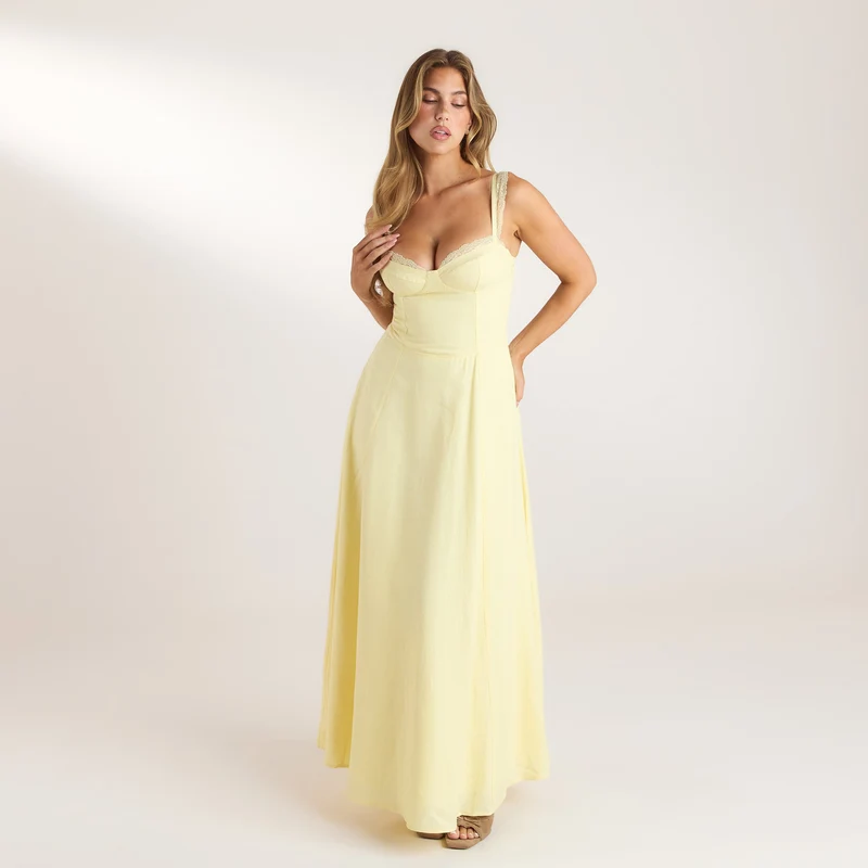 Maxikleid mit Spitzenbesatz - Zitrone