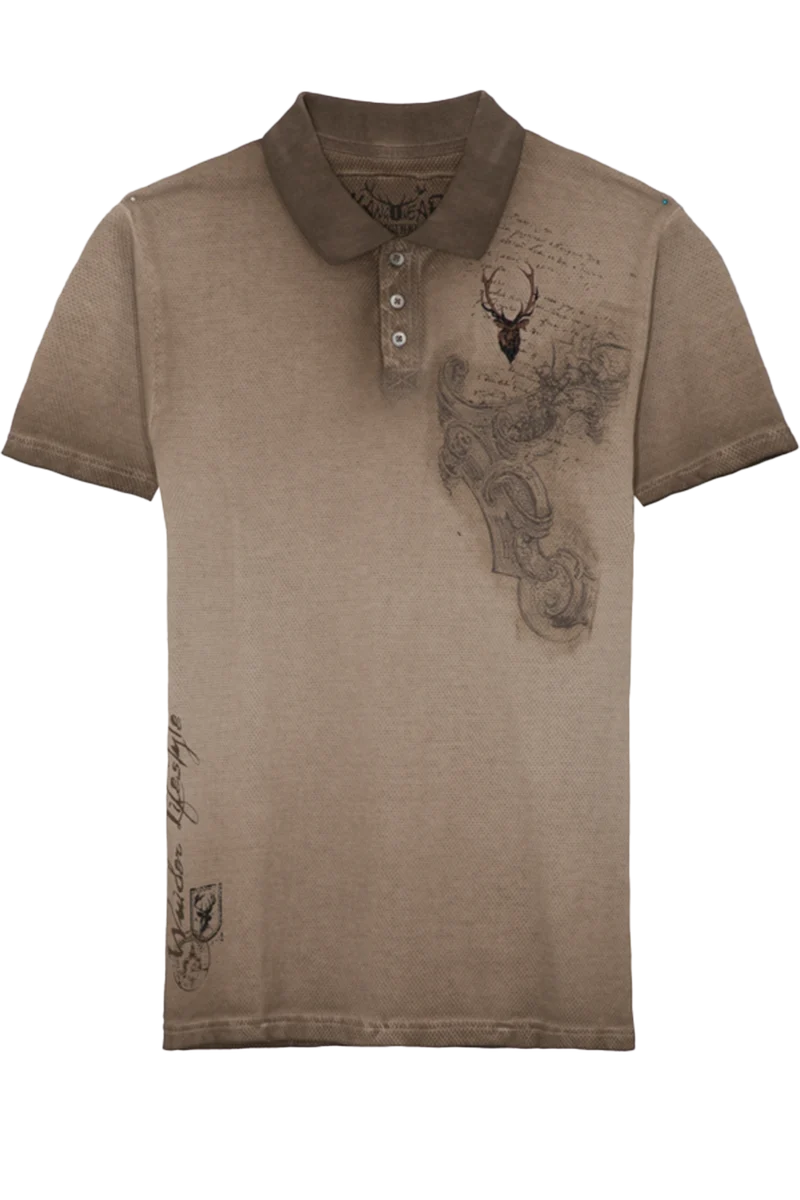 Herren T-Shirt mit Polokragen und Hirschkopfstickerei - hellbraun