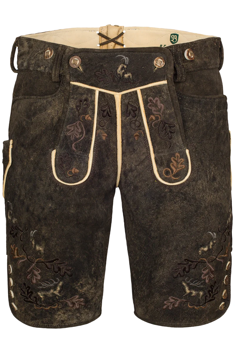 Trachten Herren Hirschlederhose kurz bestickt altleder antik dunkel